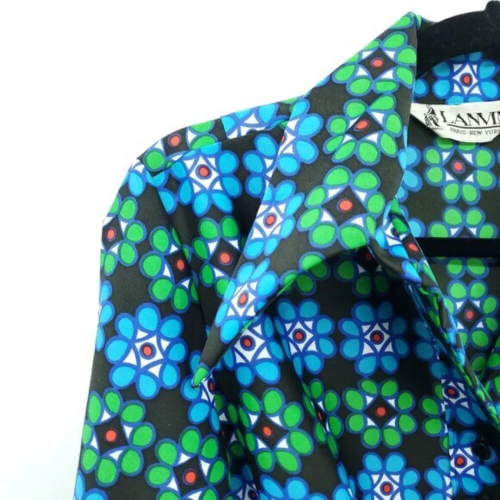 VTG Lanvin Spread Collar Patterned Self-Belt Shirt Dress M/L Blue/Green Print